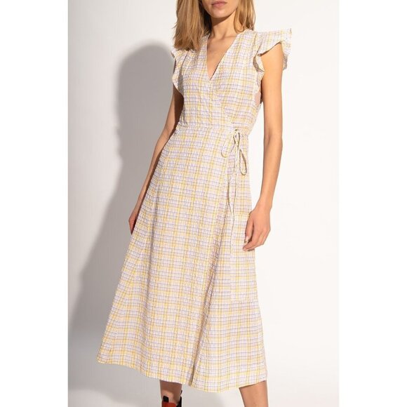 NWT GANNI Seersucker Check Print Wrap Dress in Multicolor Sz 34 / XS - Picture 4 of 13